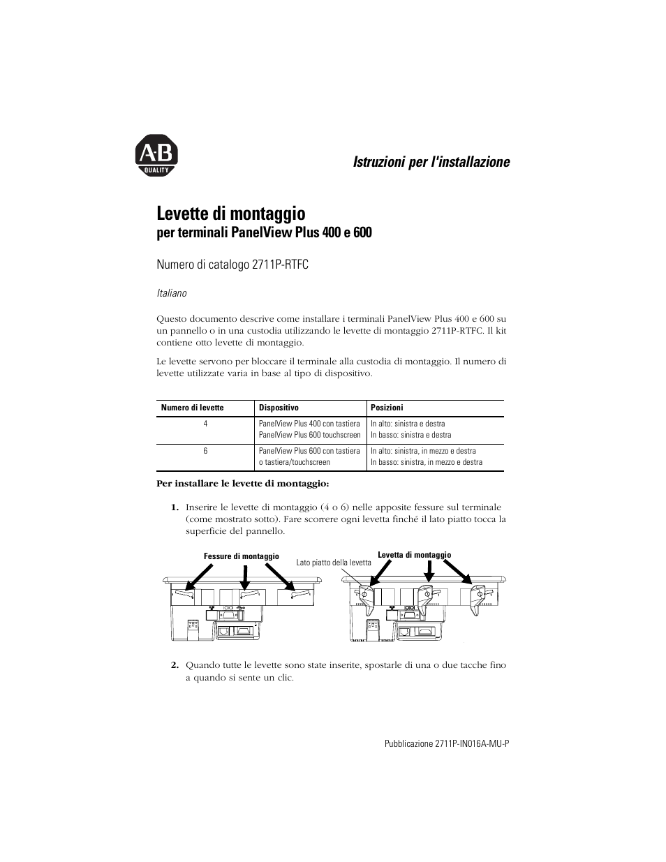 Italiano, Levette di montaggio, Istruzioni per l'installazione | Numero di catalogo 2711p-rtfc | Rockwell Automation 2711P-RTFC Mounting Levers for PanelView Plus 400 and 600 Terminals User Manual | Page 11 / 16