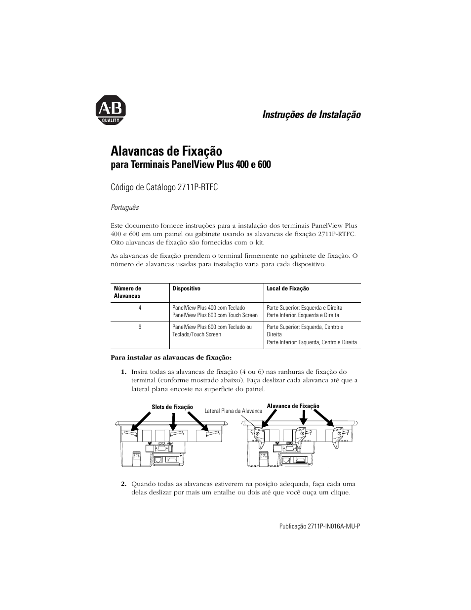 Português, Alavancas de fixação, Instruções de instalação | Código de catálogo 2711p-rtfc | Rockwell Automation 2711P-RTFC Mounting Levers for PanelView Plus 400 and 600 Terminals User Manual | Page 13 / 16