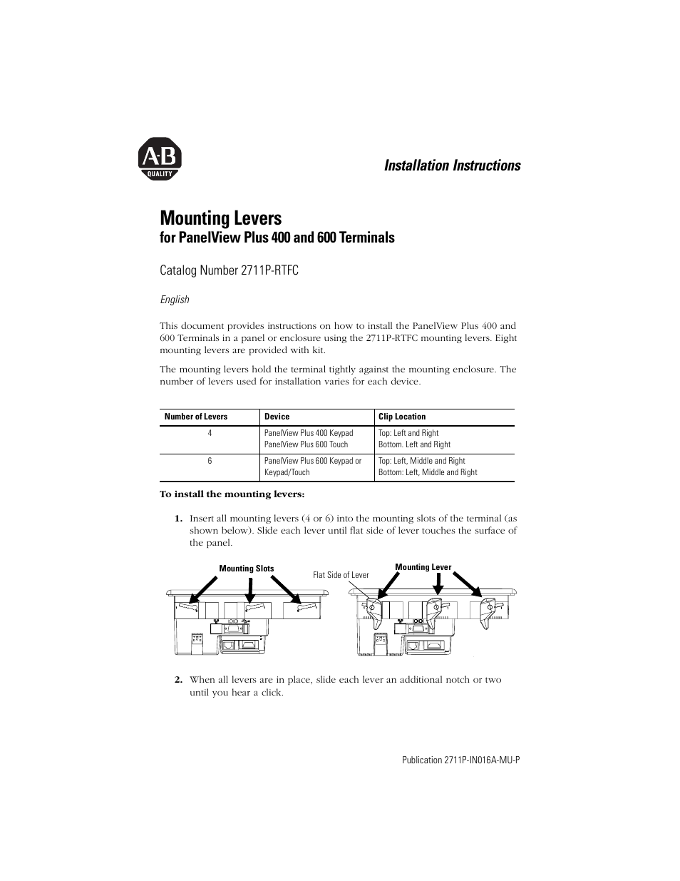 English, Mounting levers, Installation instructions | Catalog number 2711p-rtfc | Rockwell Automation 2711P-RTFC Mounting Levers for PanelView Plus 400 and 600 Terminals User Manual | Page 3 / 16