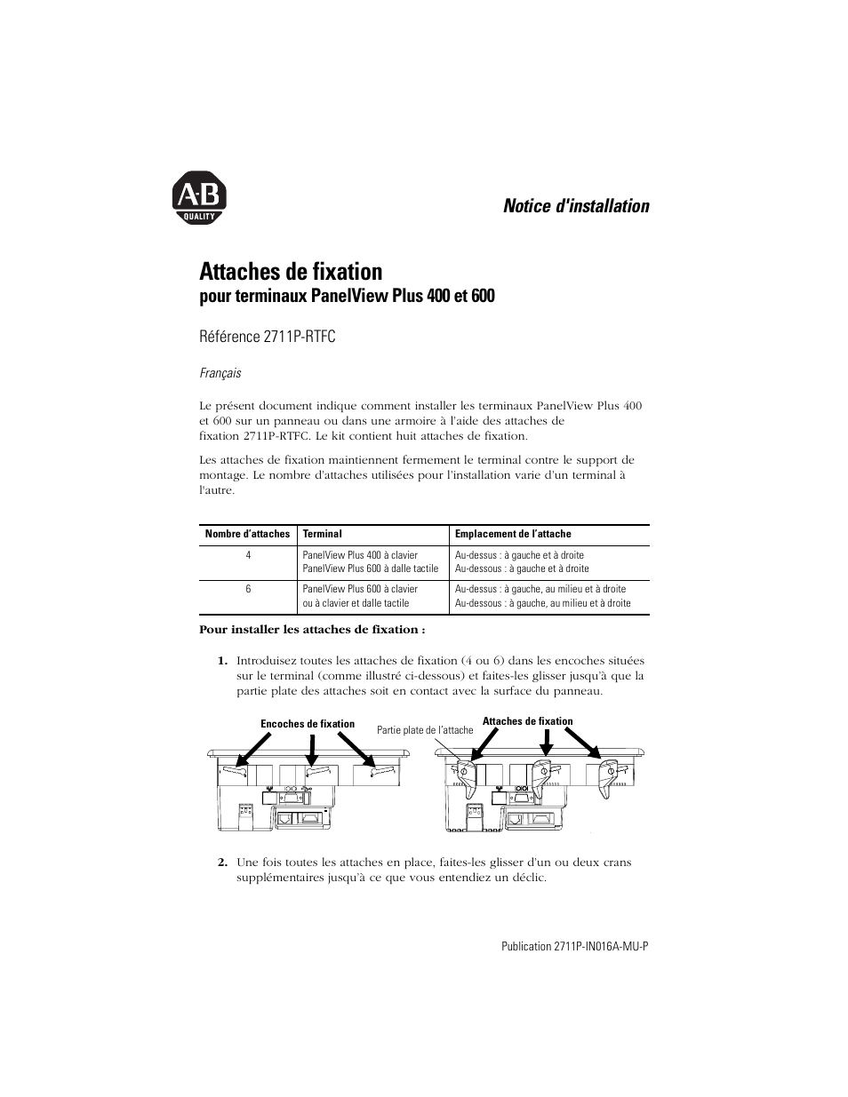 Français, Attaches de fixation, Notice d'installation | Référence 2711p-rtfc | Rockwell Automation 2711P-RTFC Mounting Levers for PanelView Plus 400 and 600 Terminals User Manual | Page 5 / 16