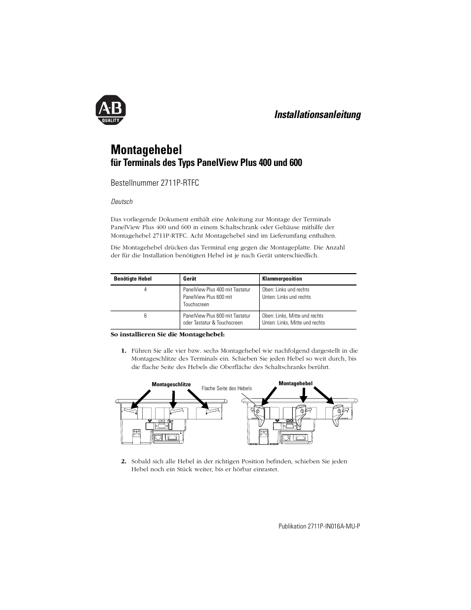 Deutsch, Montagehebel, Installationsanleitung | Bestellnummer 2711p-rtfc | Rockwell Automation 2711P-RTFC Mounting Levers for PanelView Plus 400 and 600 Terminals User Manual | Page 7 / 16