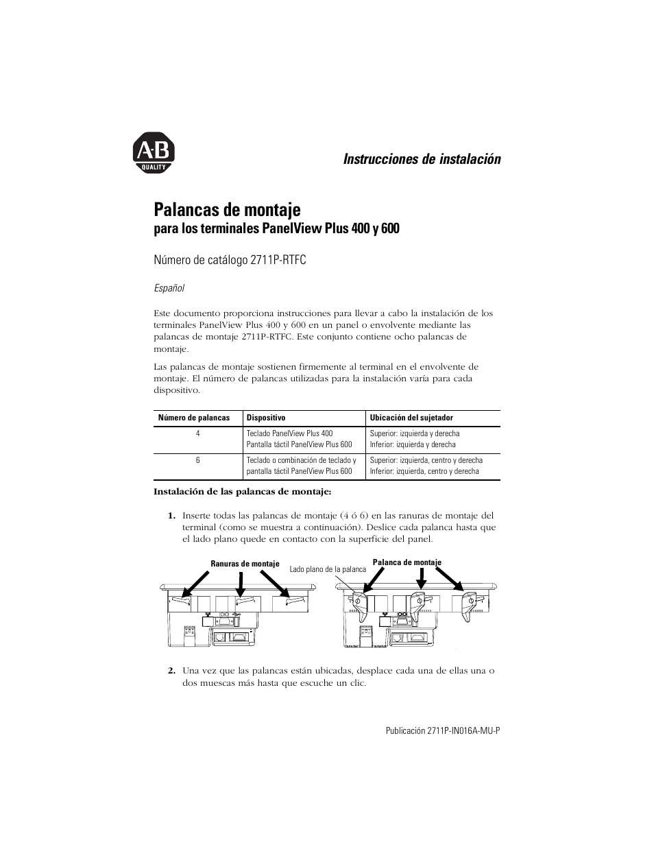 Español, Palancas de montaje, Instrucciones de instalación | Número de catálogo 2711p-rtfc | Rockwell Automation 2711P-RTFC Mounting Levers for PanelView Plus 400 and 600 Terminals User Manual | Page 9 / 16