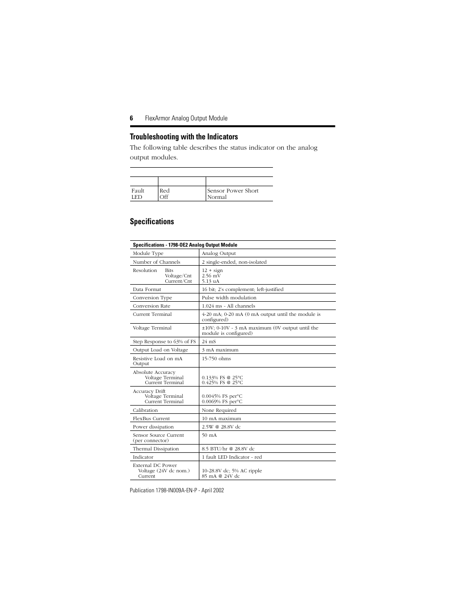 Troubleshooting with the indicators, Specifications | Rockwell Automation 1798-OE2 FlexArmor Analog Output Module User Manual | Page 6 / 8