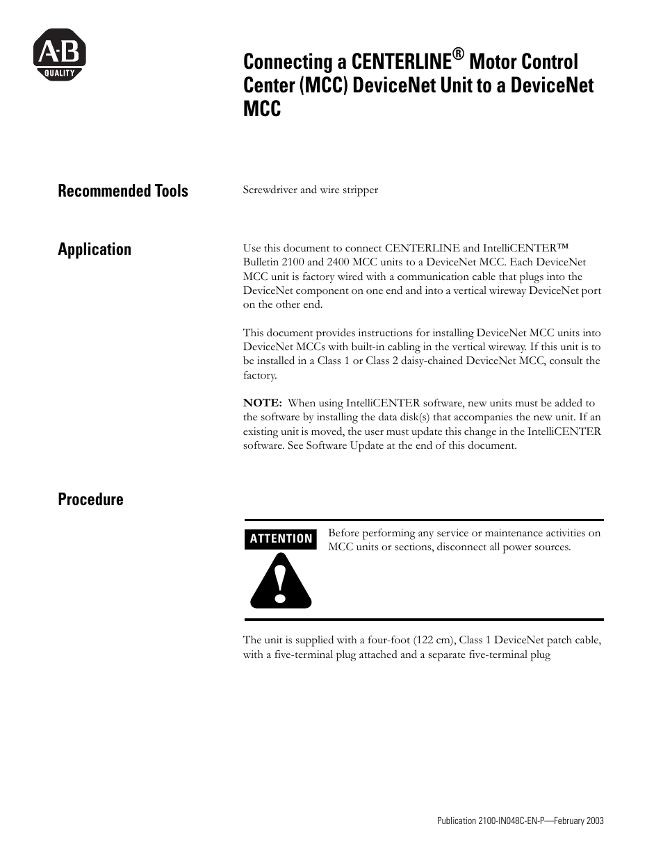Rockwell Automation 2100 Connecting a CENTERLINE Motor Control Center DeviceNet Unit to a DeviceNet MCC User Manual | 6 pages