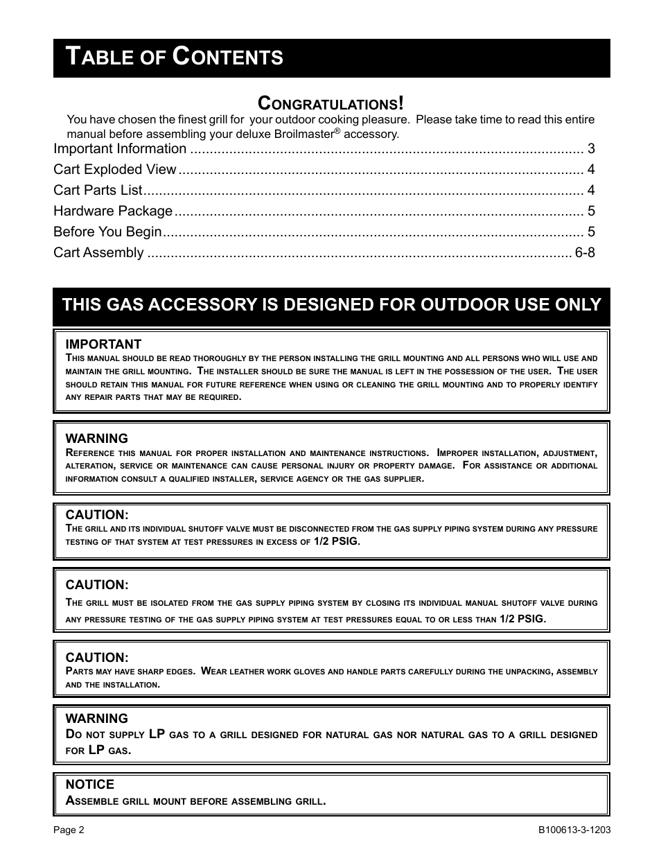 Able of, Ontents, Ongratulations | Warning, Important, Caution, Warning d, Notice a, Accessory | Broilmaster B100613-3-1203 User Manual | Page 2 / 8