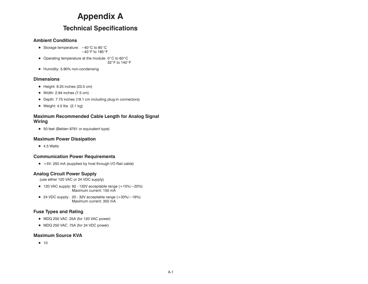 A technical specifications, Appendix a, Technical specifications | Rockwell Automation 61C350 2-In/2-Out 0-10 Volt Analog Rail Module User Manual | Page 39 / 48