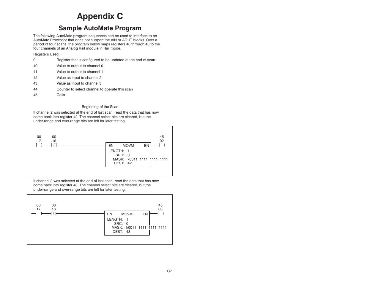 C sample automate program, Appendix c, Sample automate program | Rockwell Automation 61C350 2-In/2-Out 0-10 Volt Analog Rail Module User Manual | Page 43 / 48