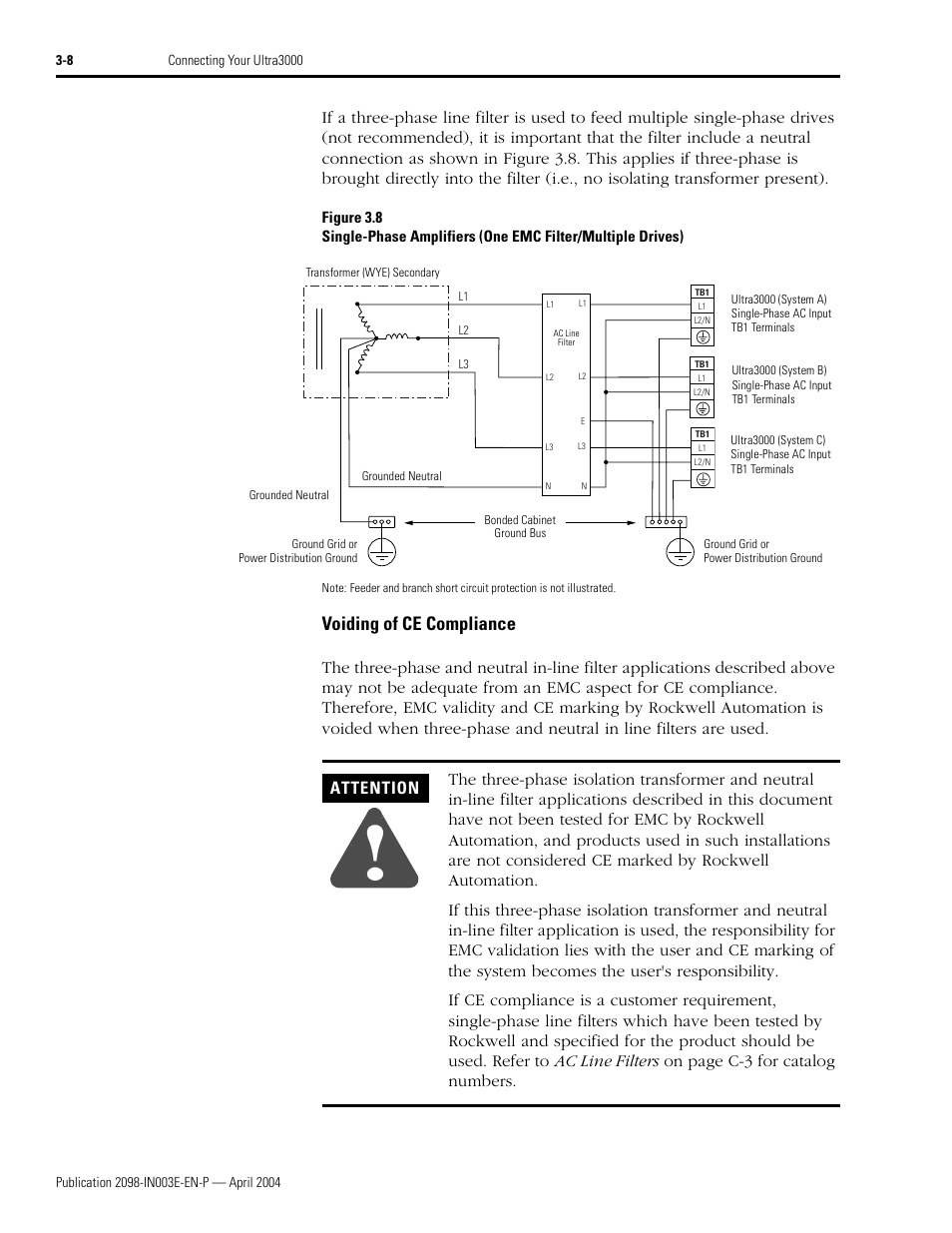 Voiding of ce compliance, Attention | Rockwell Automation 2090 Ultra3000 Installation Manual User Manual | Page 104 / 194