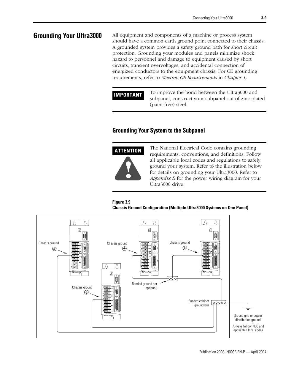 Grounding your ultra3000, Grounding your system to the subpanel | Rockwell Automation 2090 Ultra3000 Installation Manual User Manual | Page 105 / 194