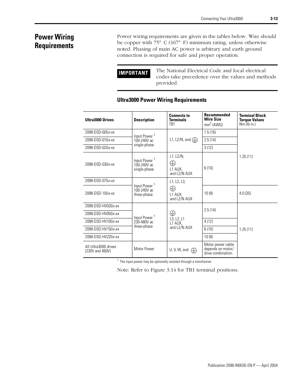 Power wiring requirements, Ultra3000 power wiring requirements | Rockwell Automation 2090 Ultra3000 Installation Manual User Manual | Page 109 / 194