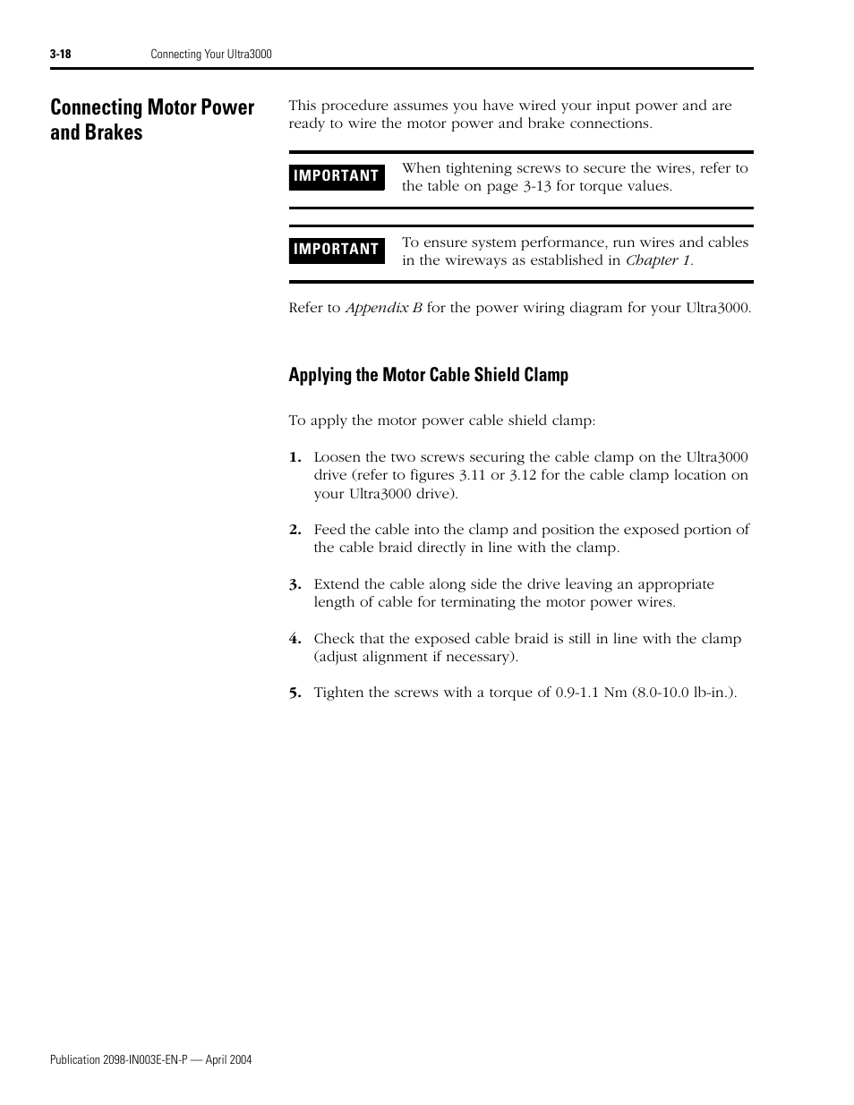 Connecting motor power and brakes, Applying the motor cable shield clamp | Rockwell Automation 2090 Ultra3000 Installation Manual User Manual | Page 114 / 194