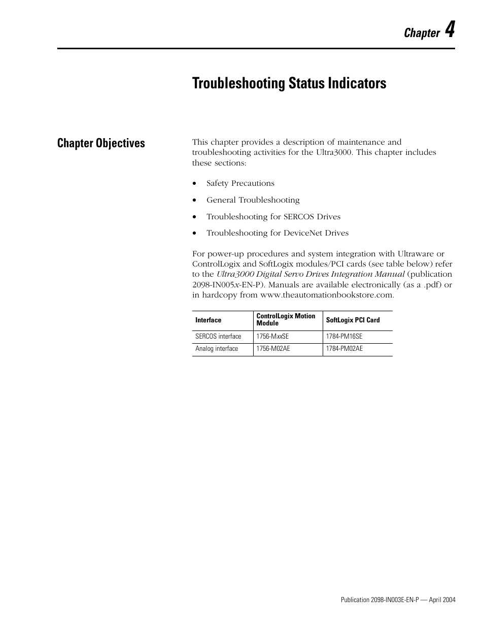 4 - troubleshooting status indicators, Chapter objectives, Troubleshooting status indicators | Chapter | Rockwell Automation 2090 Ultra3000 Installation Manual User Manual | Page 129 / 194