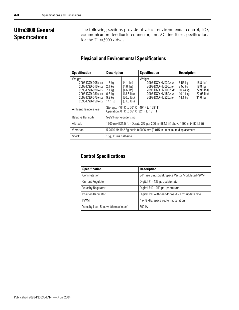 Ultra3000 general specifications | Rockwell Automation 2090 Ultra3000 Installation Manual User Manual | Page 146 / 194