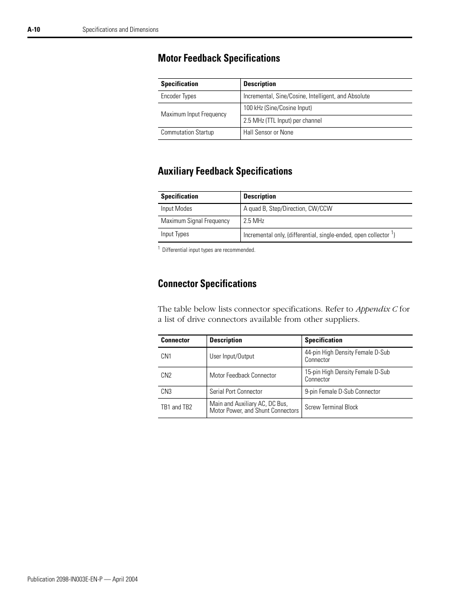 Connector specifications | Rockwell Automation 2090 Ultra3000 Installation Manual User Manual | Page 148 / 194