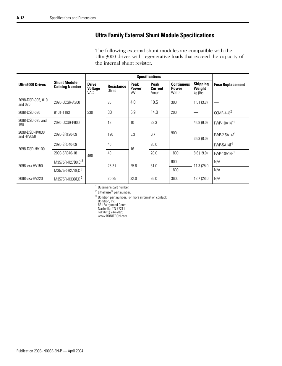 Ultra family external shunt module specifications | Rockwell Automation 2090 Ultra3000 Installation Manual User Manual | Page 150 / 194