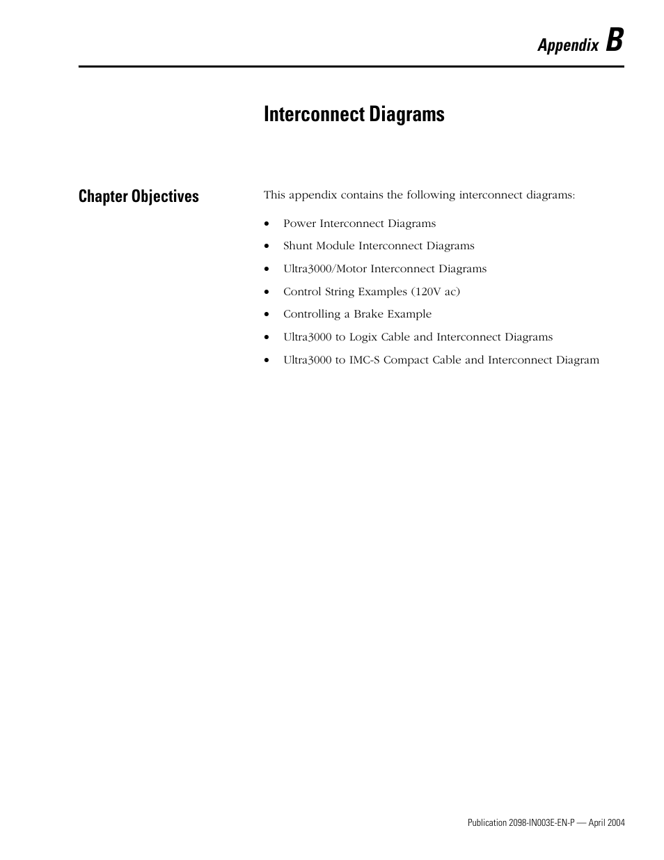 B - interconnect diagrams, Chapter objectives, Interconnect diagrams | Rockwell Automation 2090 Ultra3000 Installation Manual User Manual | Page 155 / 194