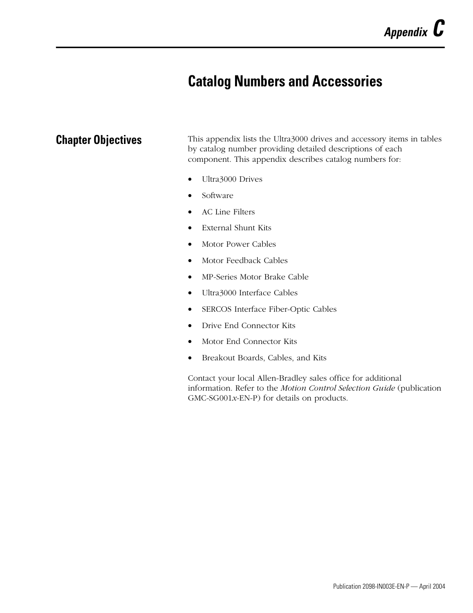 C - catalog numbers and accessories, Chapter objectives, Catalog numbers and accessories | Rockwell Automation 2090 Ultra3000 Installation Manual User Manual | Page 179 / 194