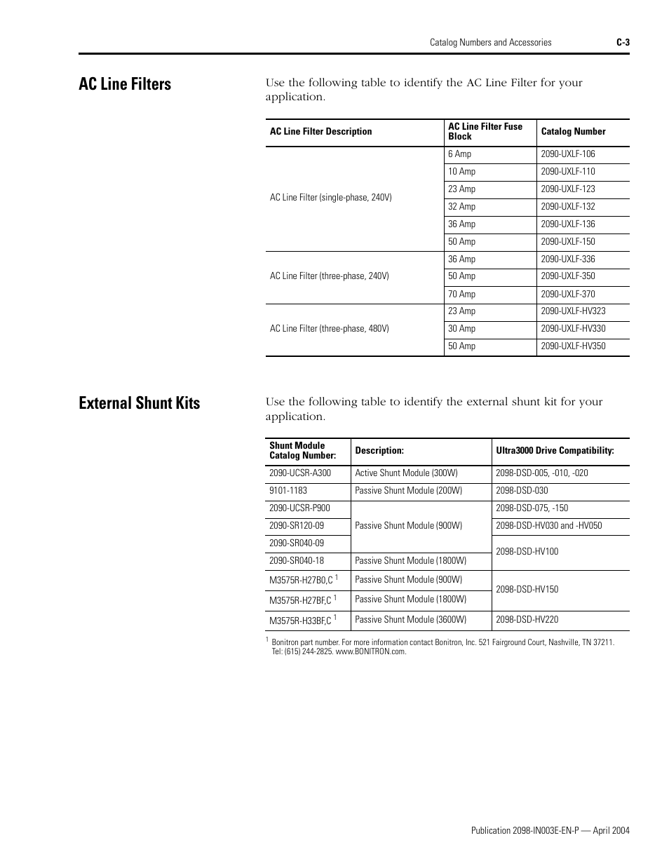 Ac line filters, External shunt kits | Rockwell Automation 2090 Ultra3000 Installation Manual User Manual | Page 181 / 194