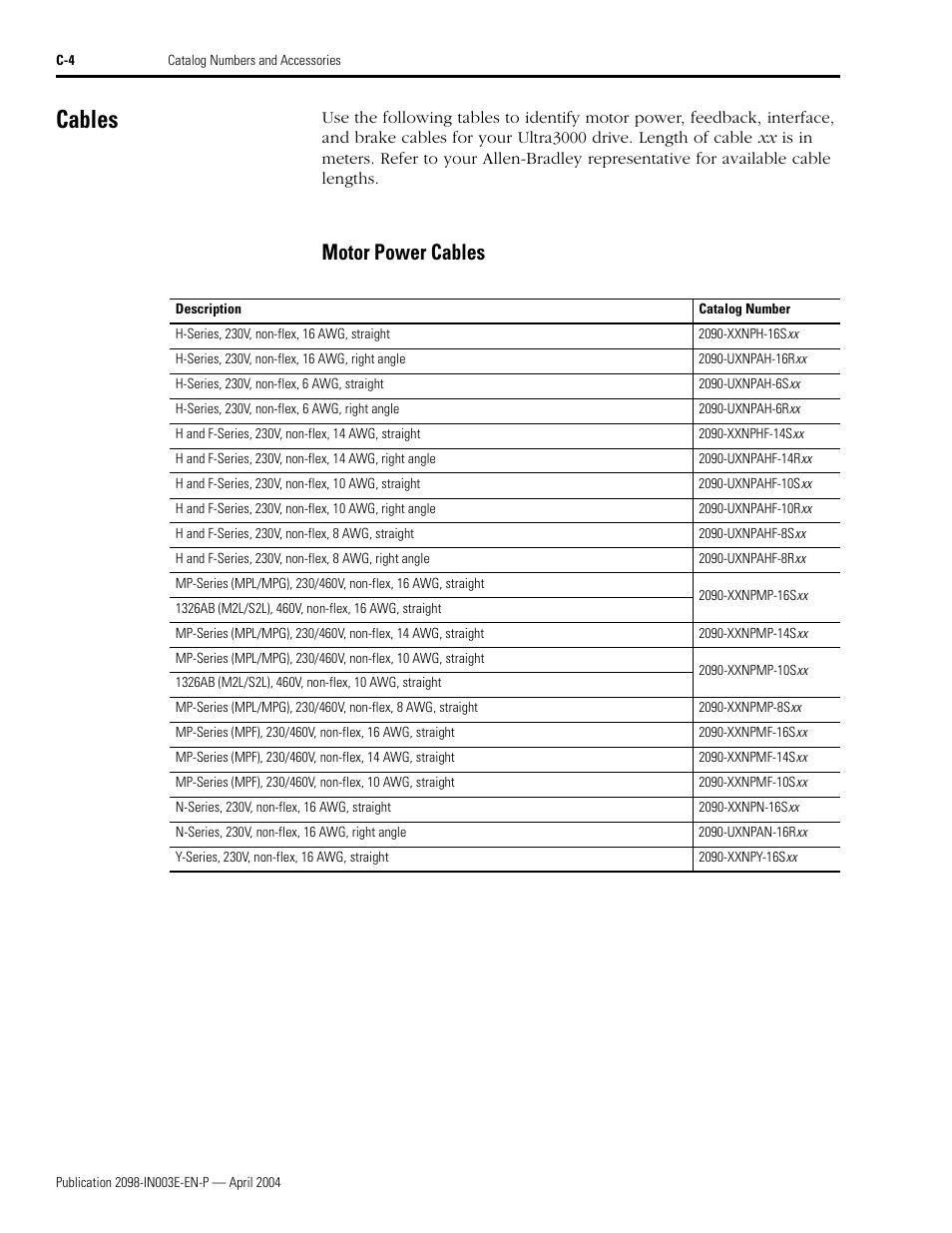 Cables, Motor power cables | Rockwell Automation 2090 Ultra3000 Installation Manual User Manual | Page 182 / 194