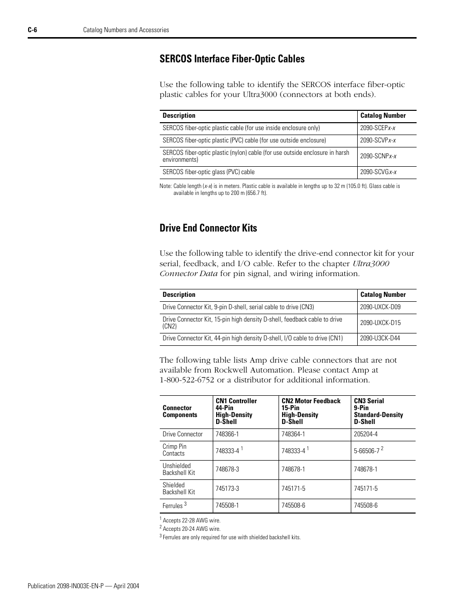 Sercos interface fiber-optic cables, Drive end connector kits | Rockwell Automation 2090 Ultra3000 Installation Manual User Manual | Page 184 / 194