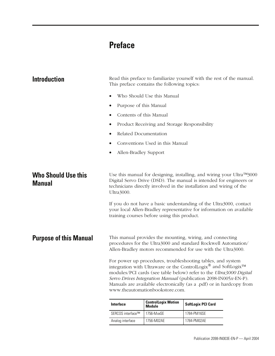 Preface, Introduction, Who should use thismanual | Purpose of this manual, Who should use this manual | Rockwell Automation 2090 Ultra3000 Installation Manual User Manual | Page 21 / 194