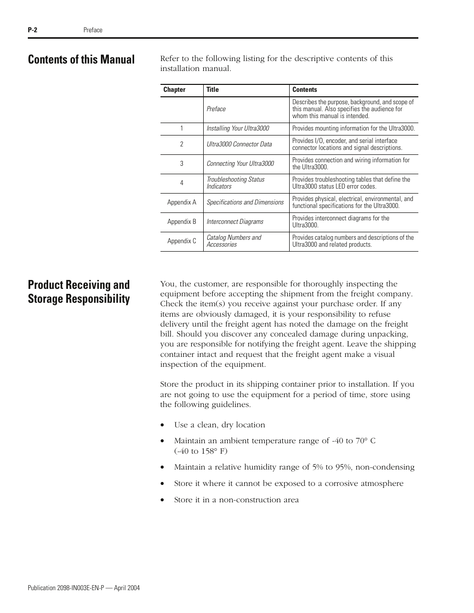 Contents of this manual, Product receiving and storage responsibility | Rockwell Automation 2090 Ultra3000 Installation Manual User Manual | Page 22 / 194