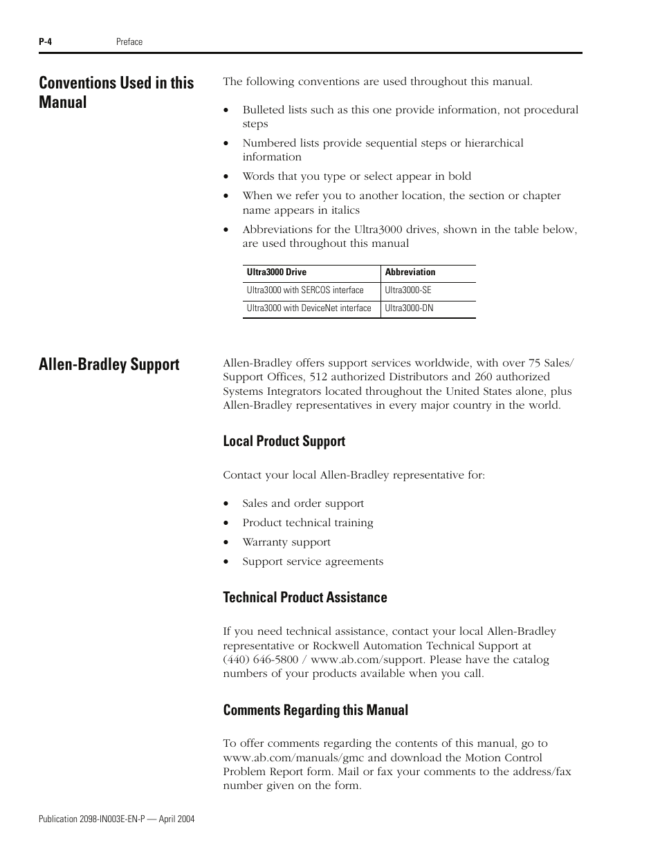 Conventions used in this manual, Allen-bradley support, Local product support | Technical product assistance, Comments regarding this manual | Rockwell Automation 2090 Ultra3000 Installation Manual User Manual | Page 24 / 194