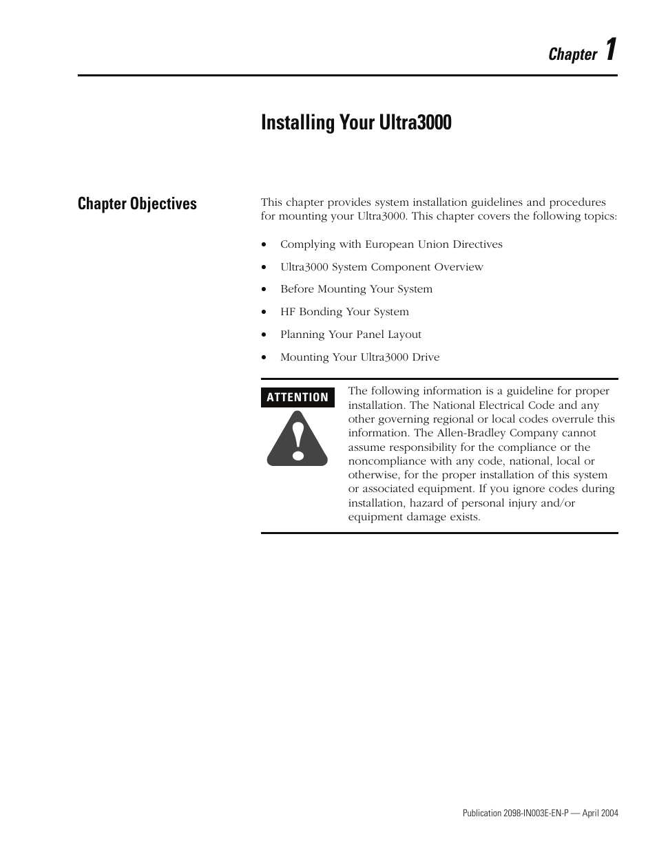 1 - installing your ultra3000, Chapter objectives, Installing your ultra3000 | Rockwell Automation 2090 Ultra3000 Installation Manual User Manual | Page 25 / 194