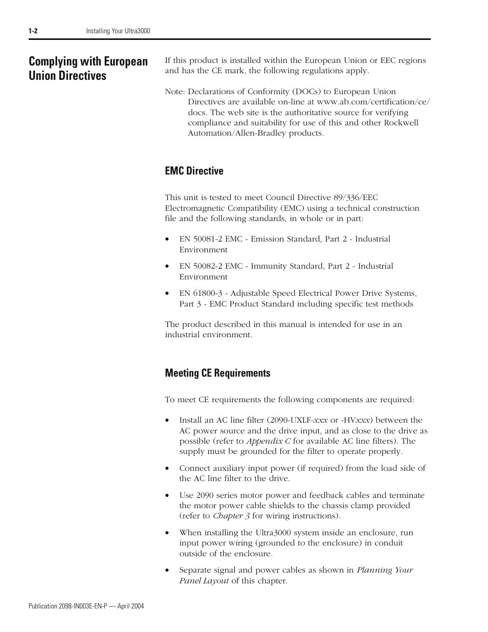 Complying with european union directives, Emc directive, Meeting ce requirements | Rockwell Automation 2090 Ultra3000 Installation Manual User Manual | Page 26 / 194