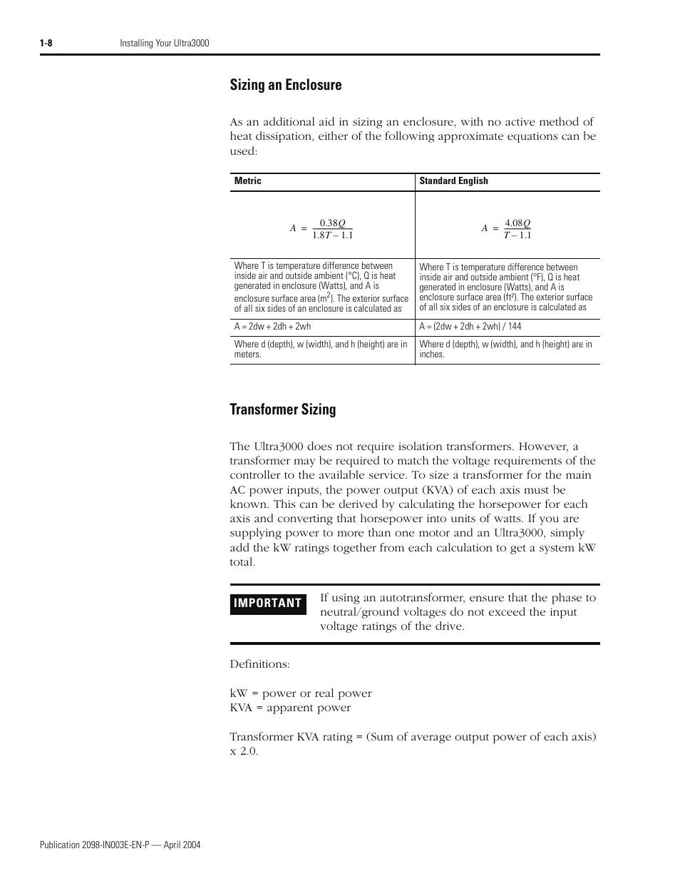 Sizing an enclosure, Transformer sizing | Rockwell Automation 2090 Ultra3000 Installation Manual User Manual | Page 32 / 194