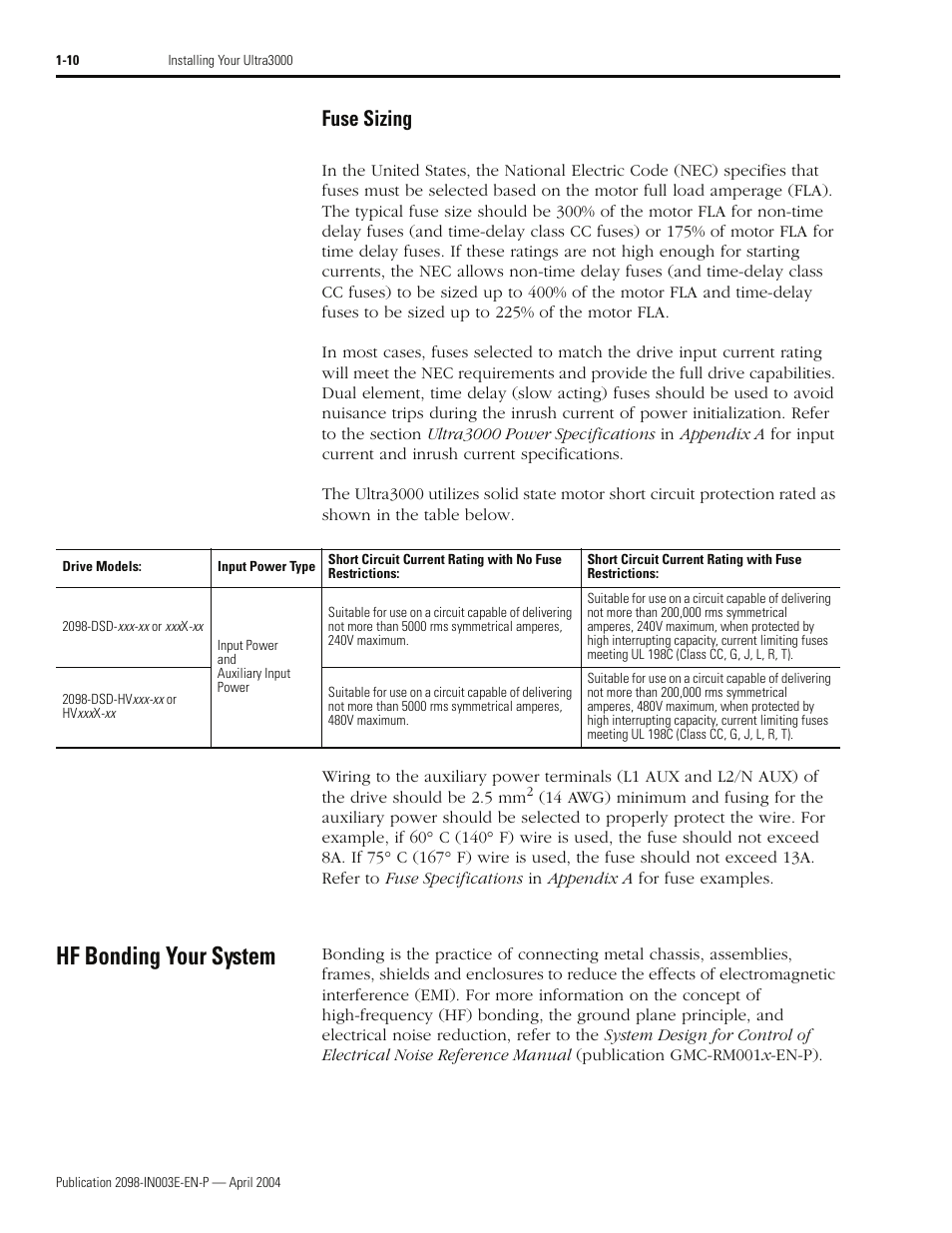 Hf bonding your system, Fuse sizing | Rockwell Automation 2090 Ultra3000 Installation Manual User Manual | Page 34 / 194