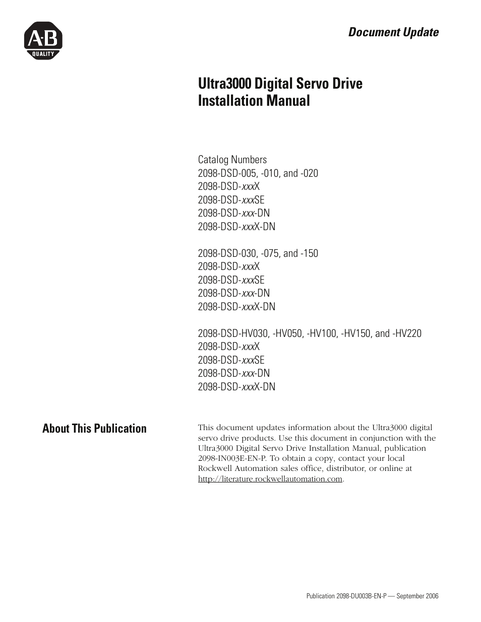 Document update, Ultra3000 digital servo drive installation manual | Rockwell Automation 2090 Ultra3000 Installation Manual User Manual | Page 5 / 194