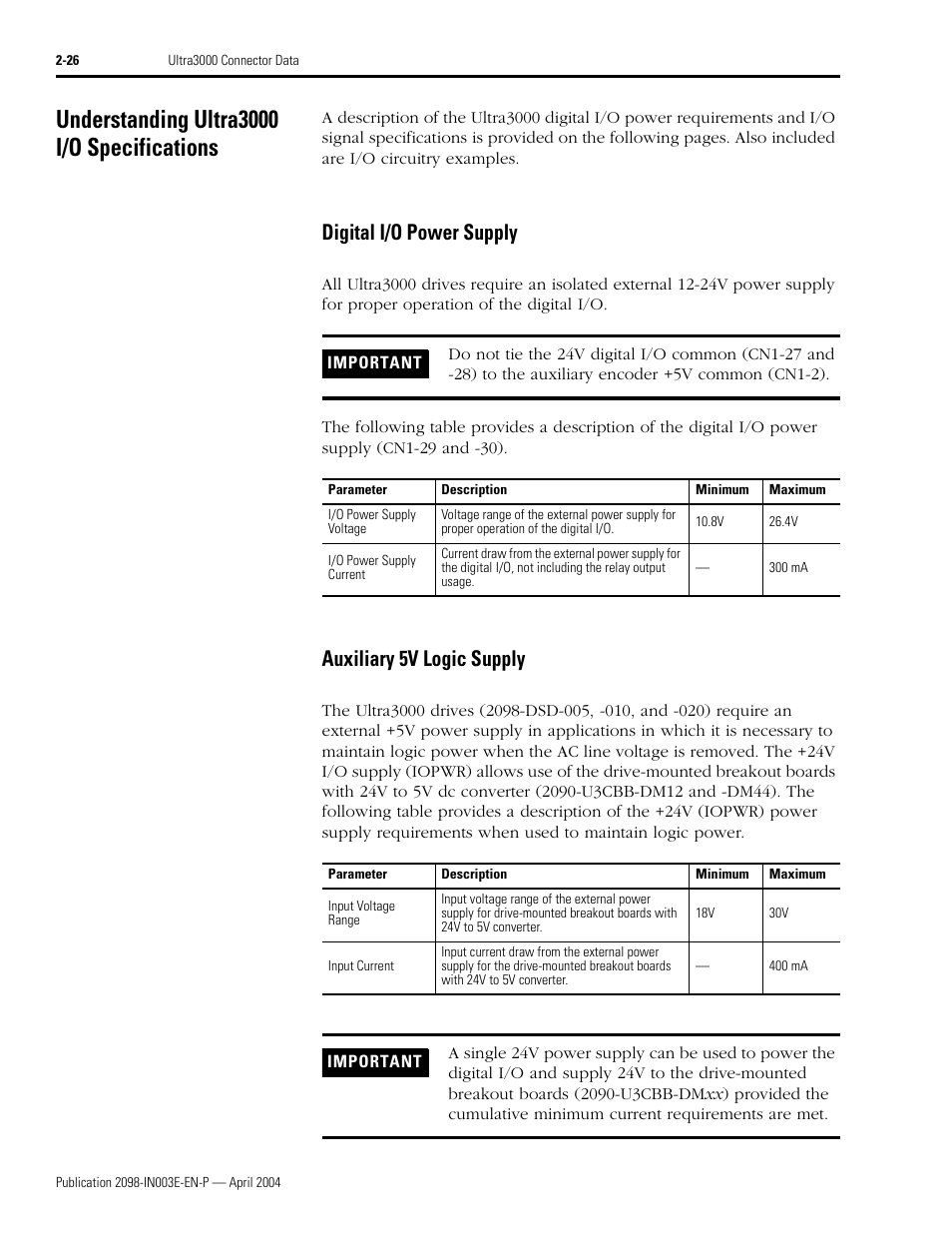 Understanding ultra3000 i/o specifications, Digital i/o power supply, Auxiliary 5v logic supply | Rockwell Automation 2090 Ultra3000 Installation Manual User Manual | Page 68 / 194