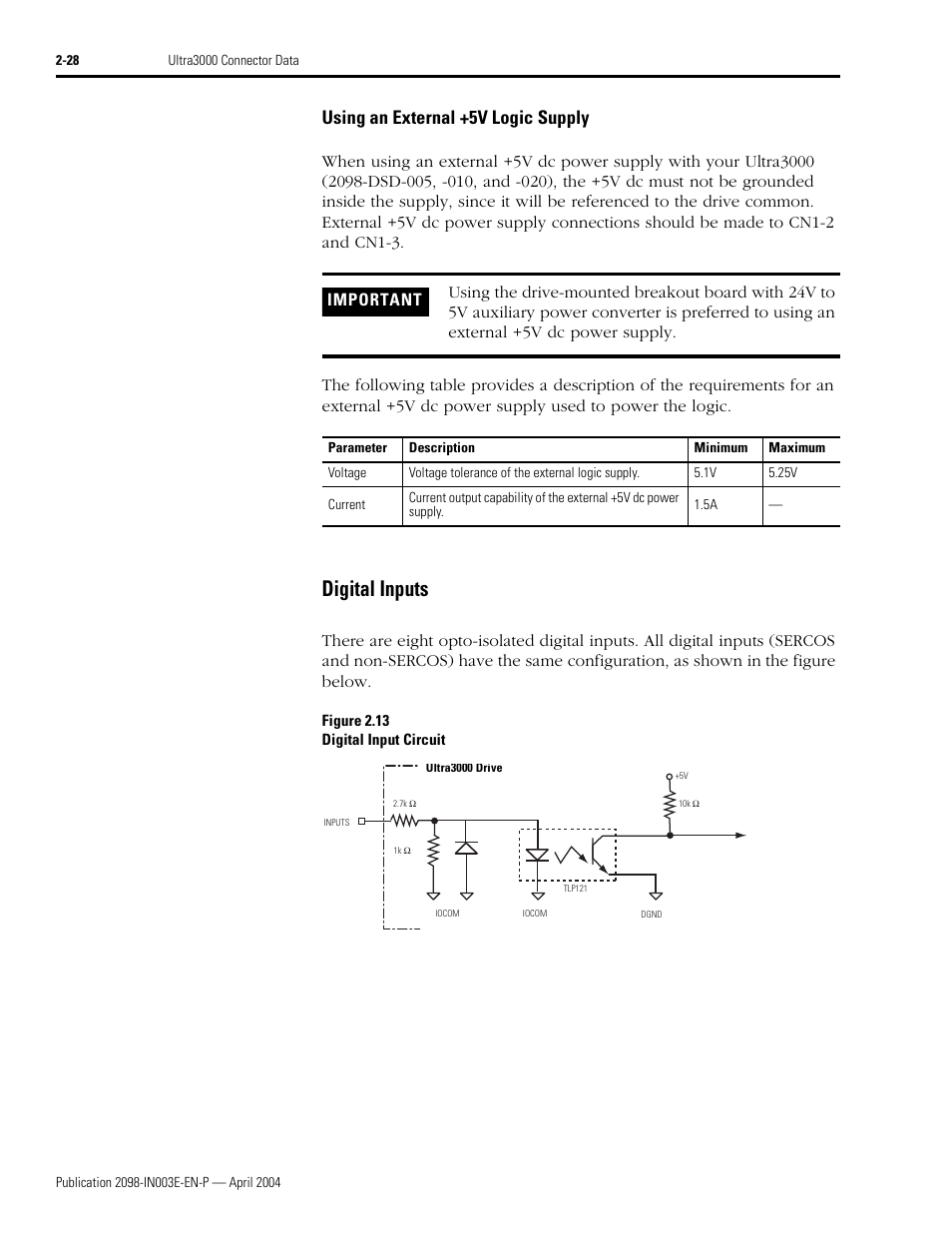 Digital inputs, Using an external +5v logic supply | Rockwell Automation 2090 Ultra3000 Installation Manual User Manual | Page 70 / 194