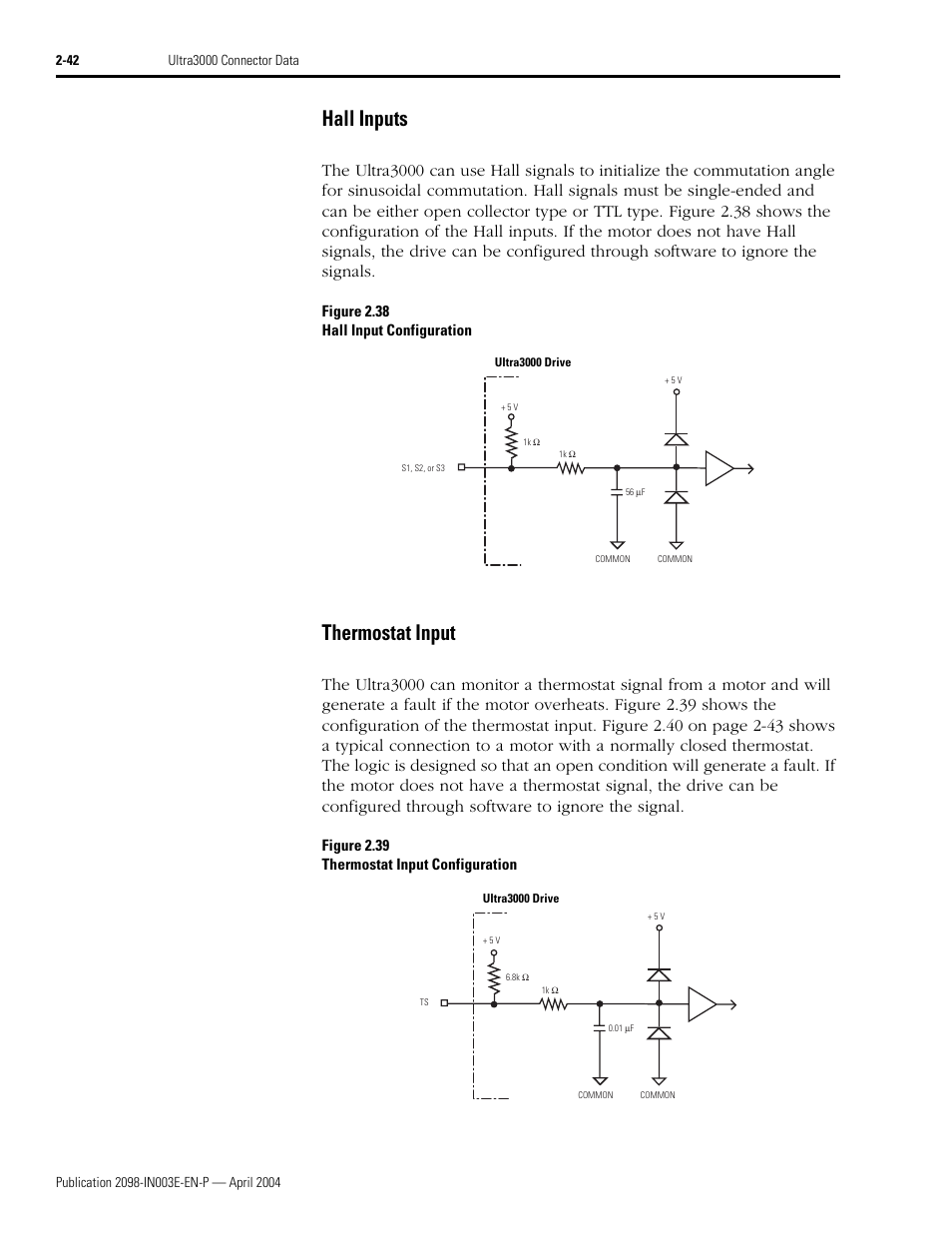 Hall inputs, Thermostat input, Figure 2.38 hall input configuration | Figure 2.39 thermostat input configuration | Rockwell Automation 2090 Ultra3000 Installation Manual User Manual | Page 84 / 194