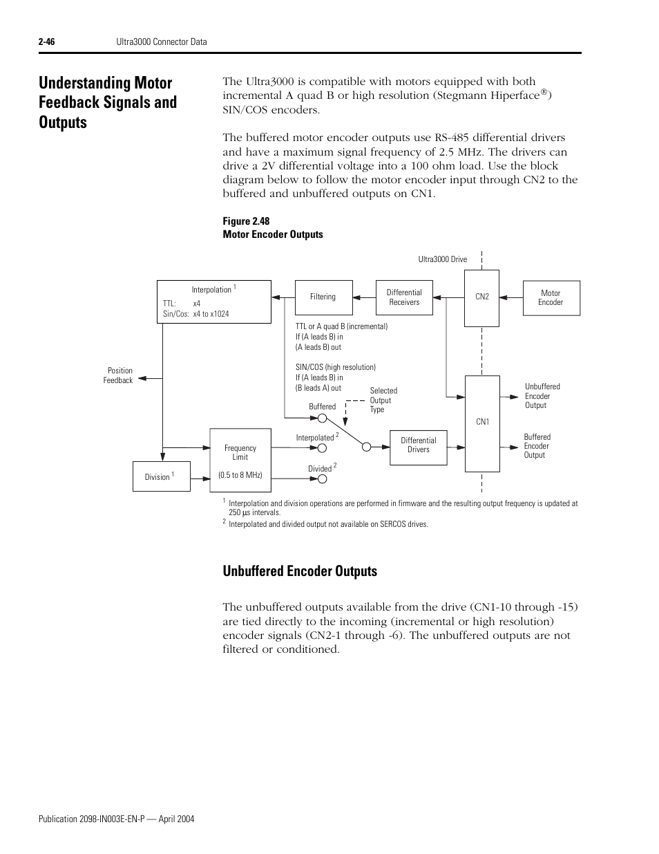 Understanding motor feedback signals and outputs, Unbuffered encoder outputs | Rockwell Automation 2090 Ultra3000 Installation Manual User Manual | Page 88 / 194