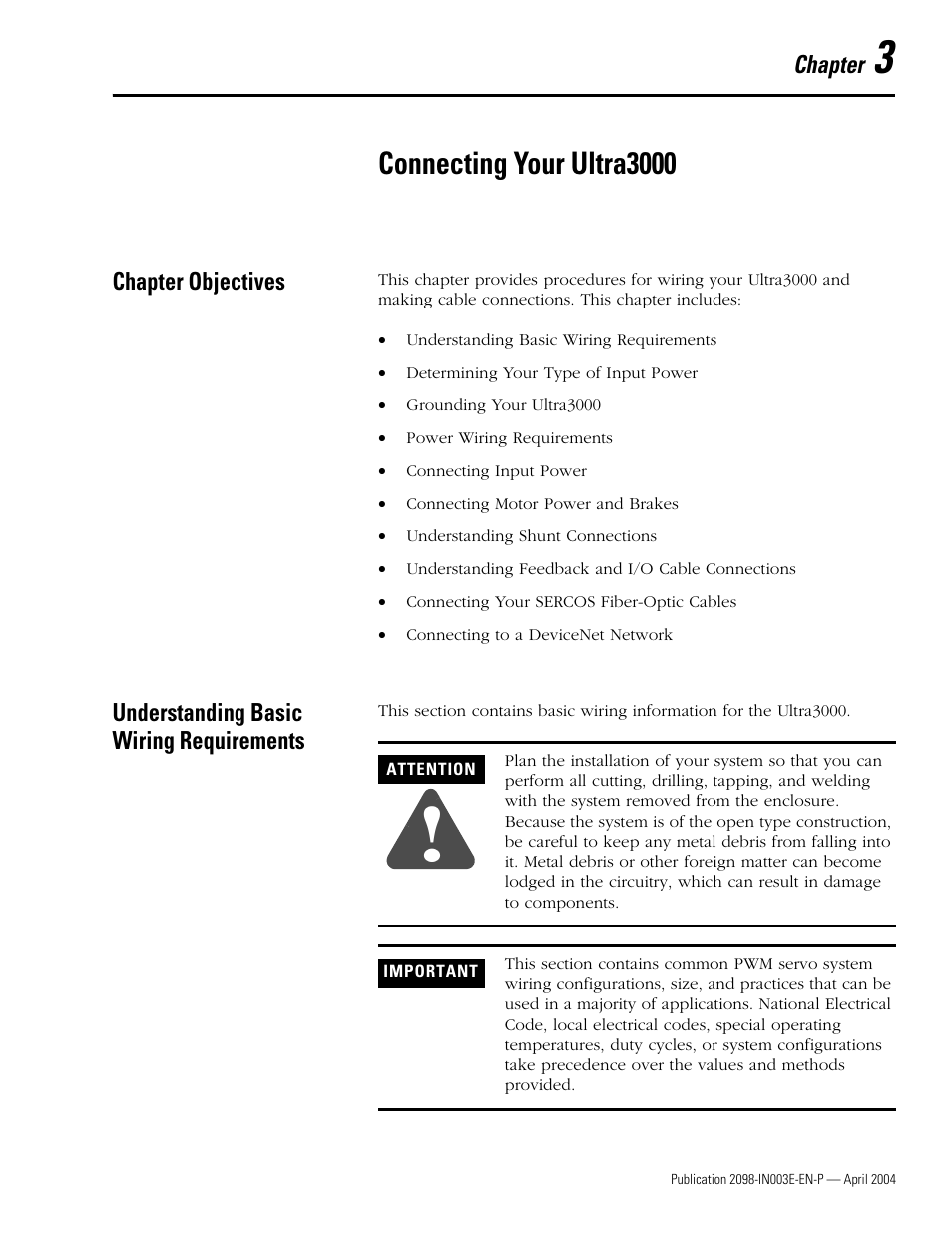 3 - connecting your ultra3000, Chapter objectives, Understanding basic wiring requirements | Connecting your ultra3000 | Rockwell Automation 2090 Ultra3000 Installation Manual User Manual | Page 97 / 194