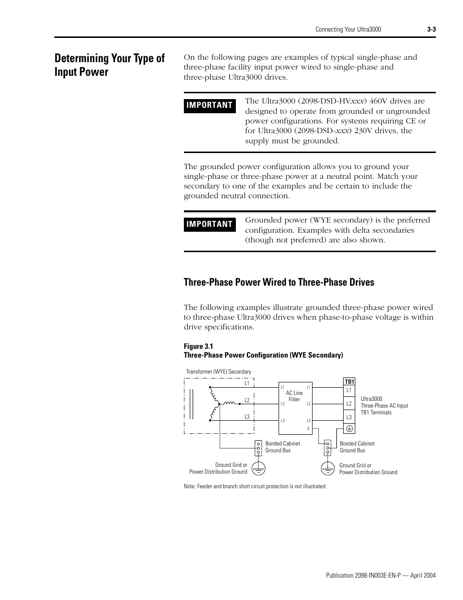 Determining your type of input power, Three-phase power wired to three-phase drives | Rockwell Automation 2090 Ultra3000 Installation Manual User Manual | Page 99 / 194