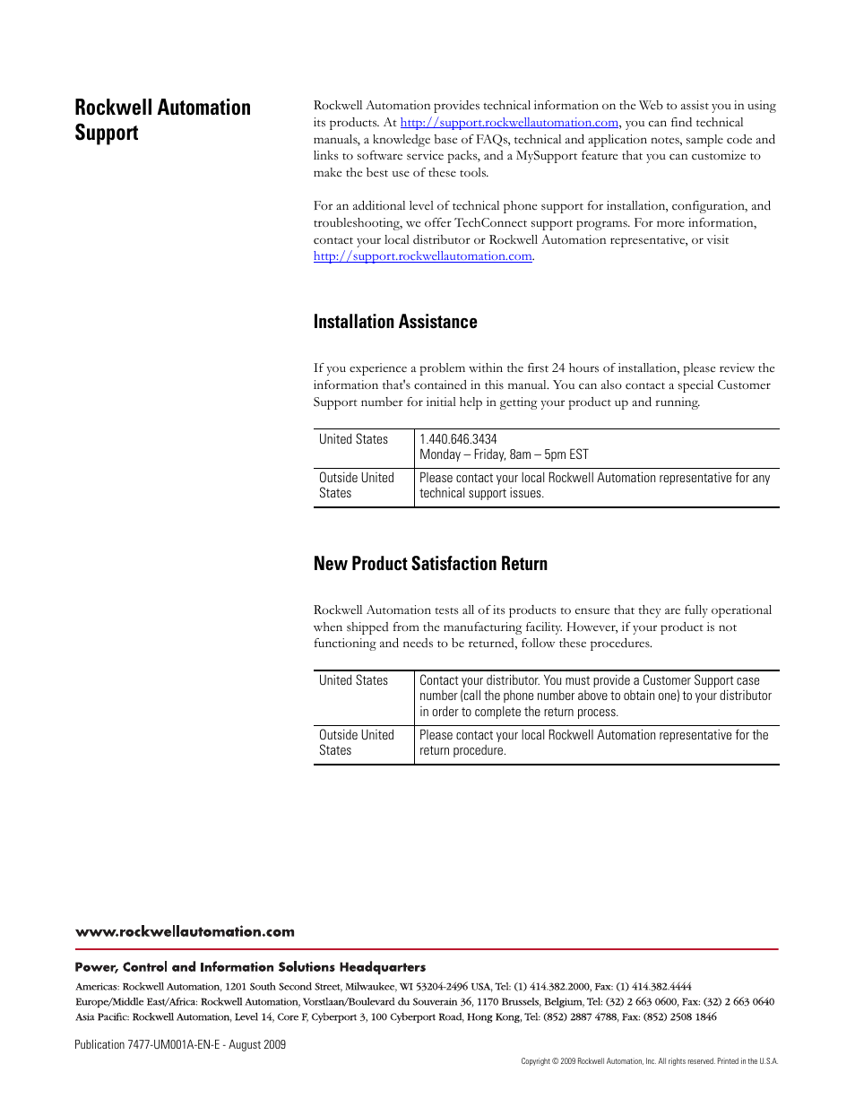 Installation assistance, New product satisfaction return, Rockwell automation support | Back cover | Rockwell Automation 7477-IC2VC PlantPAx Server and Workstation Bundles User Manual User Manual | Page 35 / 35