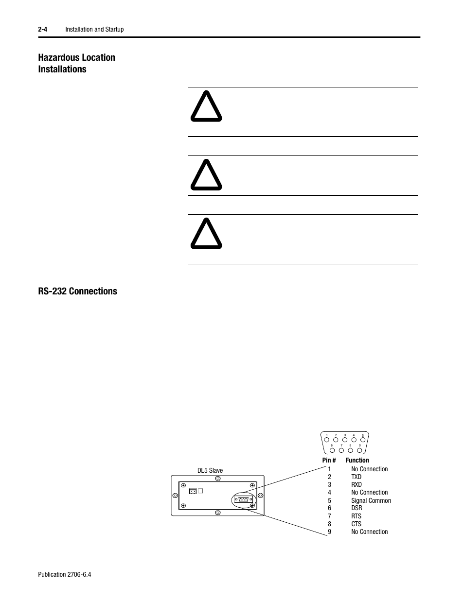 Hazardous location installations, Rs-232 connections | Rockwell Automation 2706-D11JS_D21JS Dataliner DL5 Slave Displays User Manual | Page 14 / 49