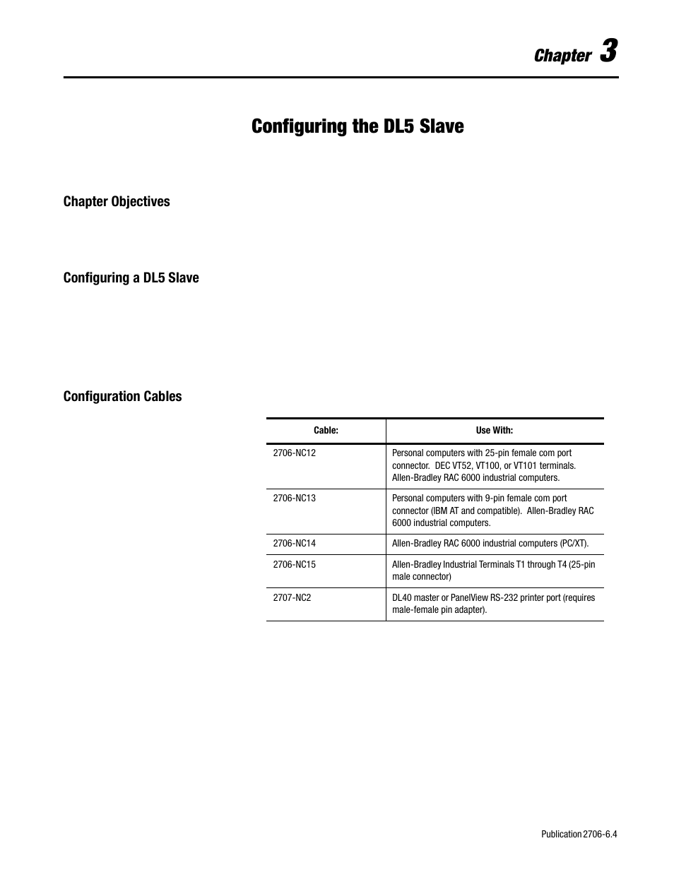 3 - configuring the dl5 slave, Chapter objectives, Configuring a dl5 slave | Configuration cables, Configuring the dl5 slave, Chapter | Rockwell Automation 2706-D11JS_D21JS Dataliner DL5 Slave Displays User Manual | Page 21 / 49
