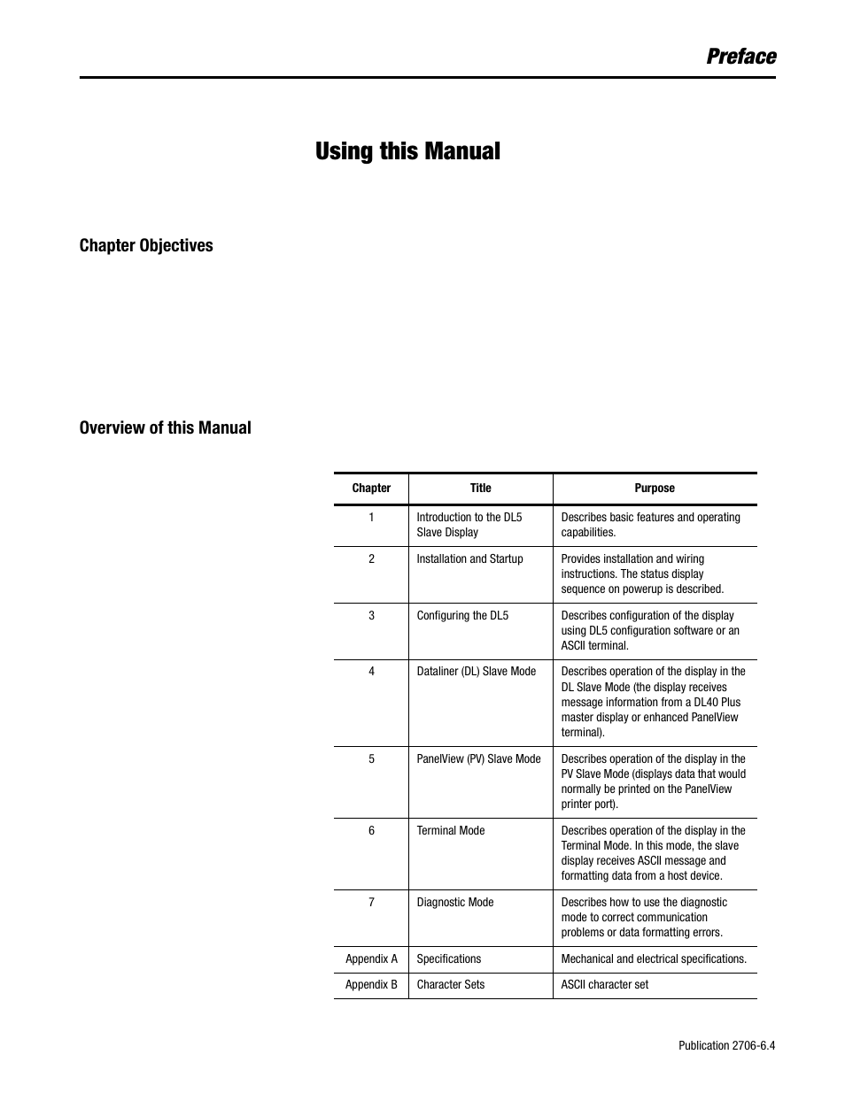 Preface - using this manual, Chapter objectives, Overview of this manual | Using this manual, Preface | Rockwell Automation 2706-D11JS_D21JS Dataliner DL5 Slave Displays User Manual | Page 5 / 49