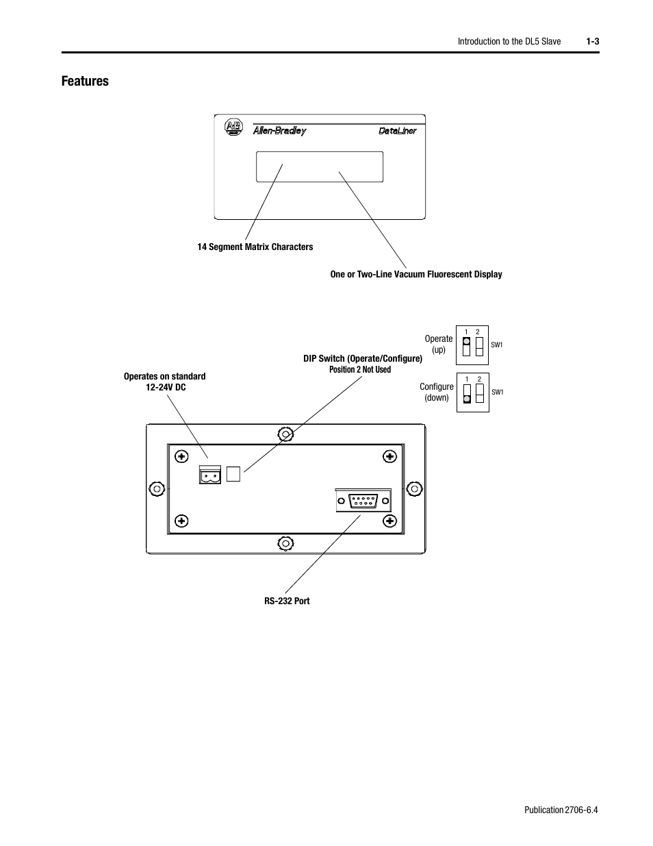 Features, Features -3 | Rockwell Automation 2706-D11JS_D21JS Dataliner DL5 Slave Displays User Manual | Page 9 / 49