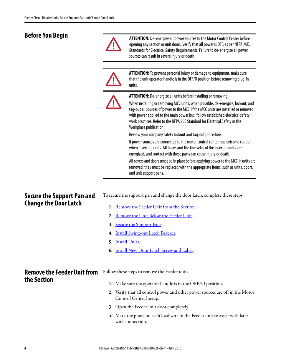 Before you begin, Secure the support pan and change the door latch, Remove the feeder unit from the section | Rockwell Automation 2193FZ Feeder Circuit Breaker Units Secure Support Pan and ChangeDoor Latch User Manual | Page 4 / 12