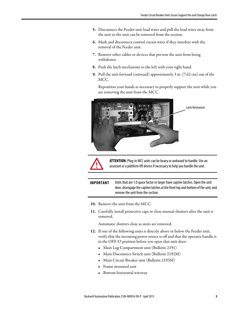 Rockwell Automation 2193FZ Feeder Circuit Breaker Units Secure Support Pan and ChangeDoor Latch User Manual | Page 5 / 12