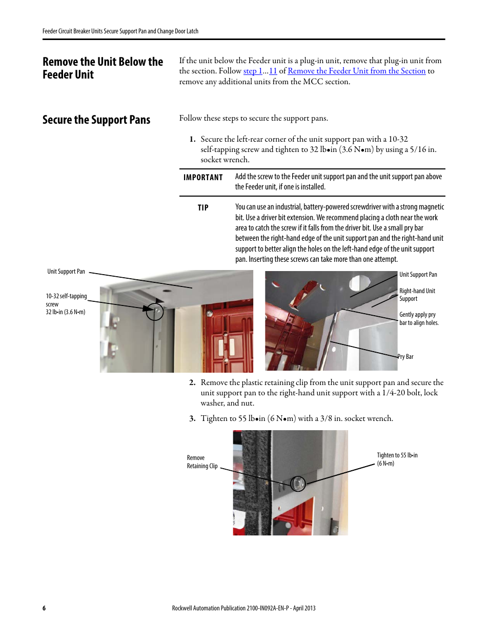 Remove the unit below the feeder unit, Secure the support pans | Rockwell Automation 2193FZ Feeder Circuit Breaker Units Secure Support Pan and ChangeDoor Latch User Manual | Page 6 / 12