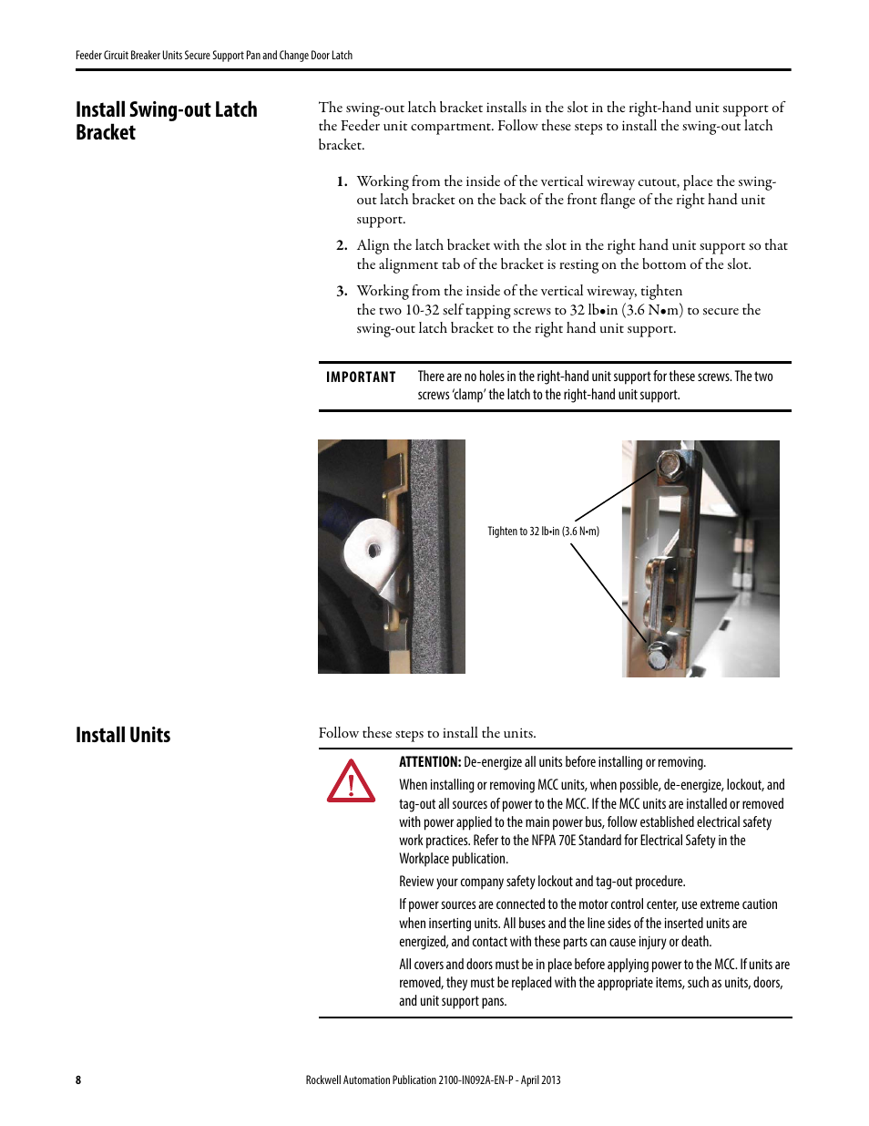 Install swing-out latch bracket, Install units | Rockwell Automation 2193FZ Feeder Circuit Breaker Units Secure Support Pan and ChangeDoor Latch User Manual | Page 8 / 12