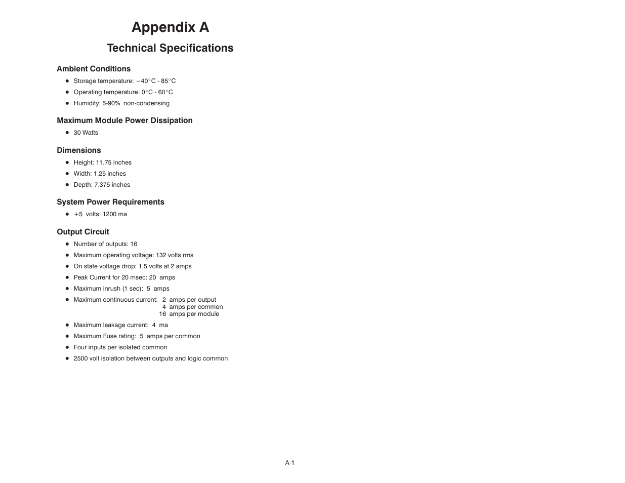 A technical specifications, Appendix a, Technical specifications | Rockwell Automation 57C403 115VAC High Power Output Module User Manual | Page 21 / 36