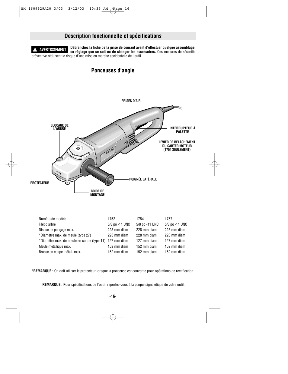 Description fonctionnelle et spécifications, Ponceuses d'angle | Bosch 1752 User Manual | Page 16 / 32