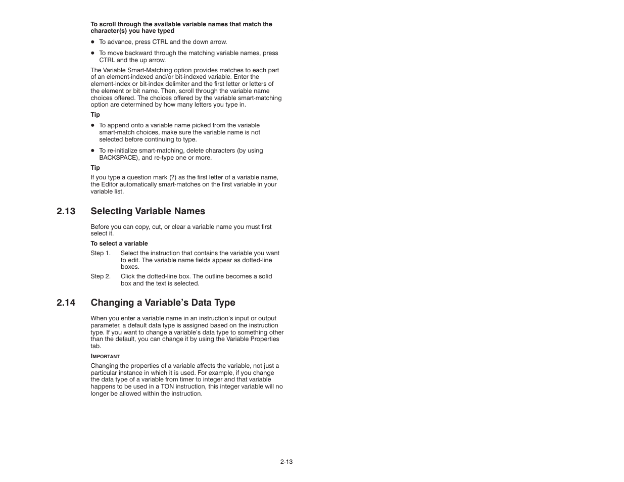 13 selecting variable names, 14 changing a variable's data type | Rockwell Automation AutoMax Enhanced Ladder Editor User Manual | Page 31 / 96